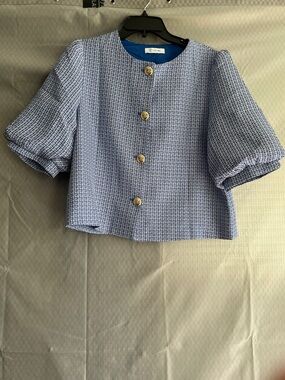 Girls Blue Tweed Puff Sleeve Button-Front Top